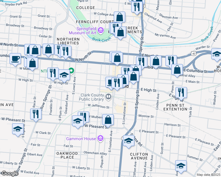 map of restaurants, bars, coffee shops, grocery stores, and more near 135 S Fountain Ave in Springfield