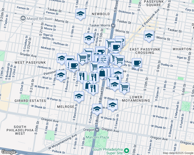 map of restaurants, bars, coffee shops, grocery stores, and more near 1428 Jackson Street in Philadelphia