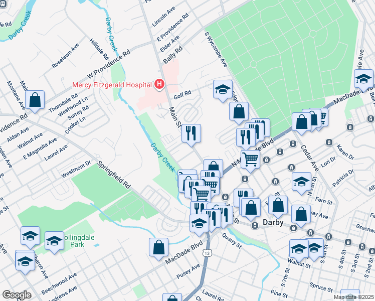 map of restaurants, bars, coffee shops, grocery stores, and more near 2 South 13th Street in Darby