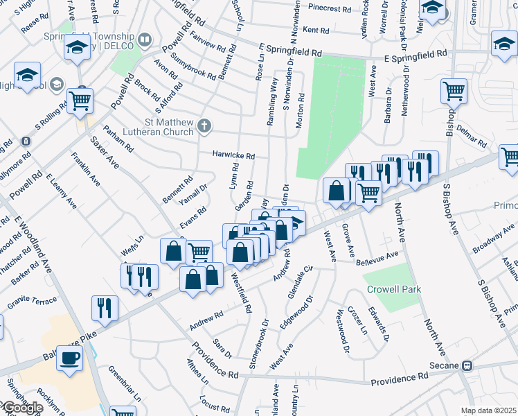 map of restaurants, bars, coffee shops, grocery stores, and more near 314 Rambling Way in Springfield