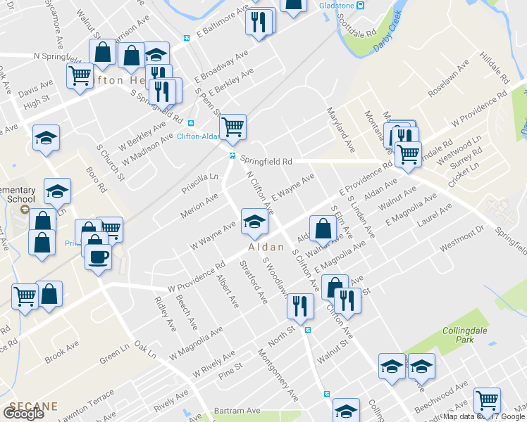 map of restaurants, bars, coffee shops, grocery stores, and more near 34 North Clifton Avenue in Aldan