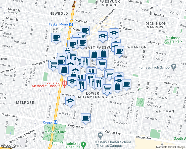 map of restaurants, bars, coffee shops, grocery stores, and more near 1100 Cantrell Street in Philadelphia
