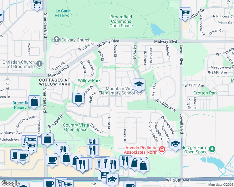 map of restaurants, bars, coffee shops, grocery stores, and more near 12457 Abbey Street in Broomfield