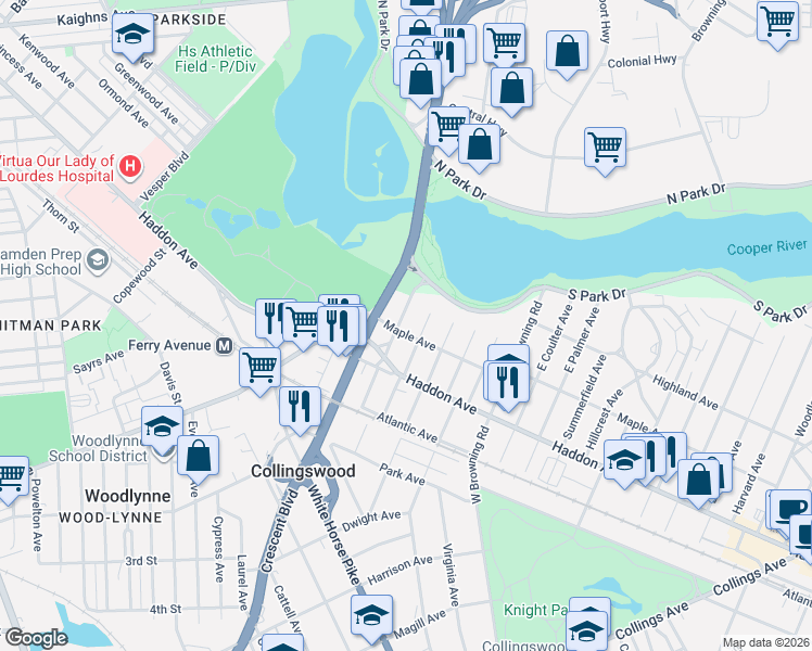 map of restaurants, bars, coffee shops, grocery stores, and more near 22 East Narberth Terrace in Collingswood