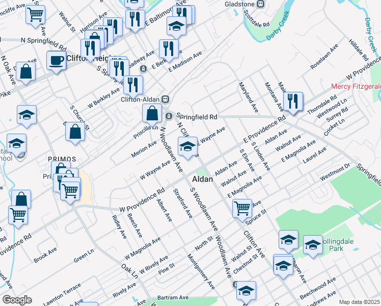 map of restaurants, bars, coffee shops, grocery stores, and more near 34 North Clifton Avenue in Aldan