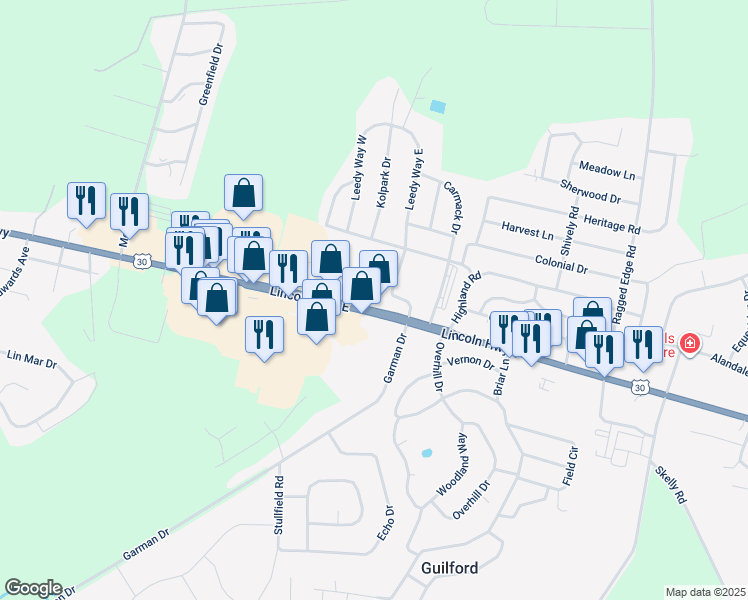 map of restaurants, bars, coffee shops, grocery stores, and more near 1781 Lincoln Highway in Chambersburg