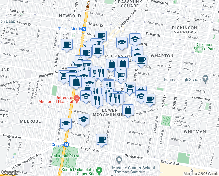 map of restaurants, bars, coffee shops, grocery stores, and more near 1106 Cantrell Street in Philadelphia