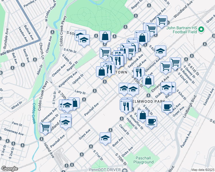 map of restaurants, bars, coffee shops, grocery stores, and more near 2220 South 67th Street in Philadelphia