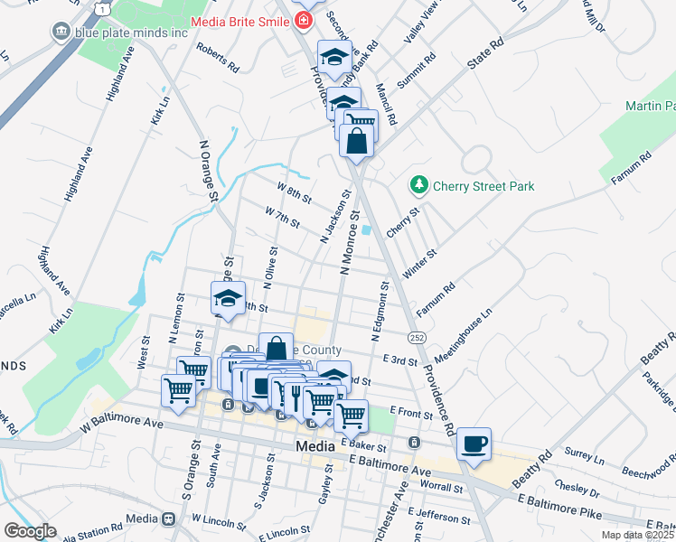map of restaurants, bars, coffee shops, grocery stores, and more near 524 North Monroe Street in Media