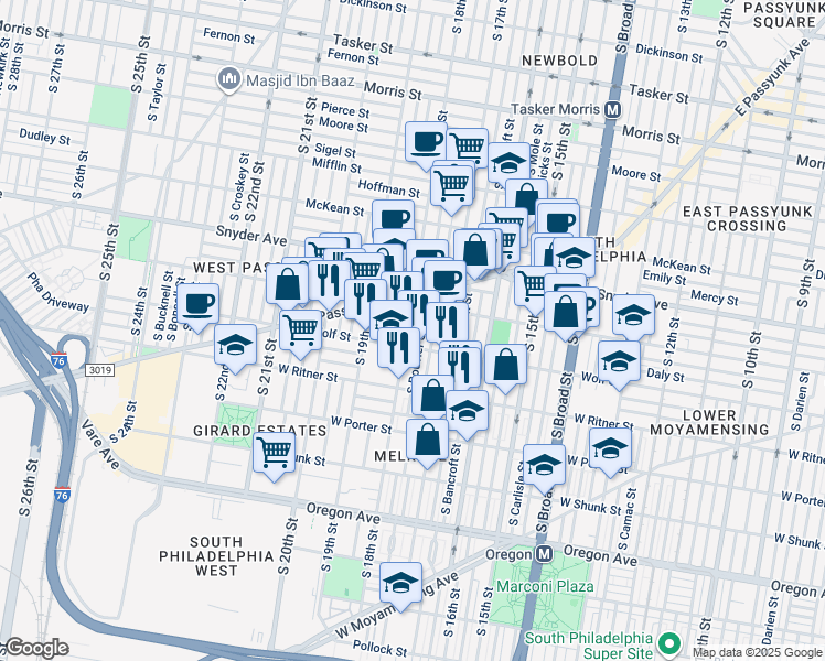 map of restaurants, bars, coffee shops, grocery stores, and more near 2233 South 18th Street in Philadelphia