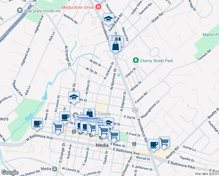 map of restaurants, bars, coffee shops, grocery stores, and more near 524 North Monroe Street in Media