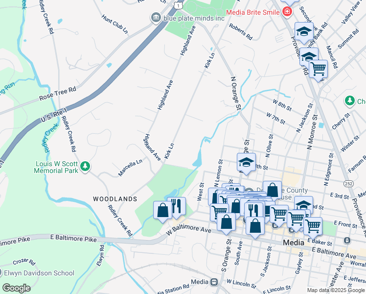 map of restaurants, bars, coffee shops, grocery stores, and more near 454 Kirk Lane in Media