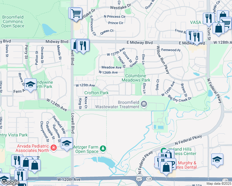 map of restaurants, bars, coffee shops, grocery stores, and more near 12462 Irving Drive in Broomfield