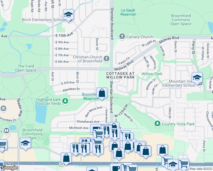 map of restaurants, bars, coffee shops, grocery stores, and more near 1449 Highland Park Drive in Broomfield
