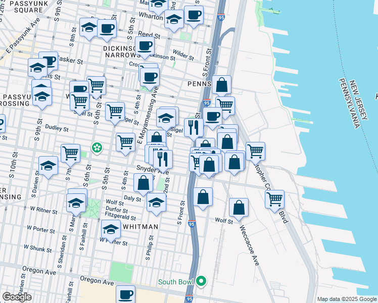 map of restaurants, bars, coffee shops, grocery stores, and more near 109 Emily Street in Philadelphia
