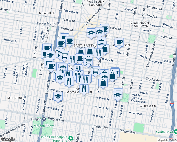 map of restaurants, bars, coffee shops, grocery stores, and more near 1011 Jackson Street in Philadelphia