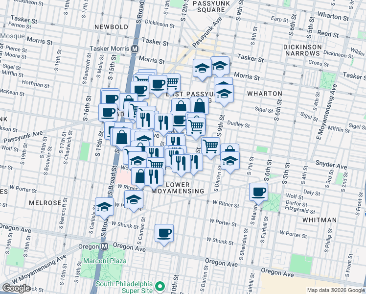map of restaurants, bars, coffee shops, grocery stores, and more near 1121 Jackson Street in Philadelphia