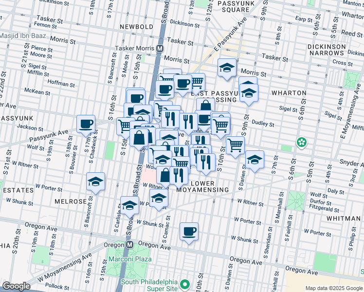 map of restaurants, bars, coffee shops, grocery stores, and more near 1201 Jackson Street in Philadelphia