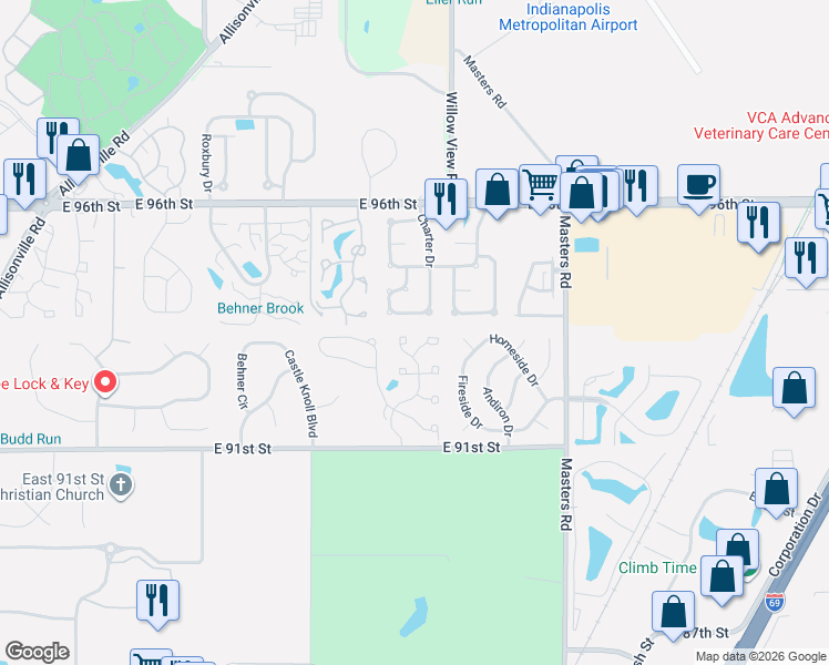 map of restaurants, bars, coffee shops, grocery stores, and more near 6703 Prince Regent Court in Indianapolis