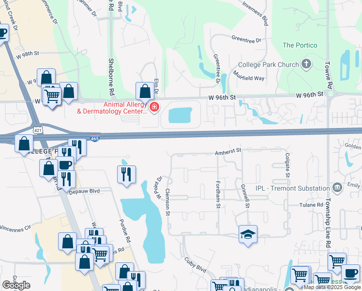 map of restaurants, bars, coffee shops, grocery stores, and more near 3139 Amherst Street in Indianapolis