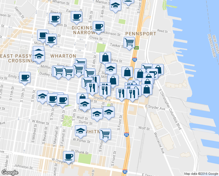 map of restaurants, bars, coffee shops, grocery stores, and more near 1947 South 3rd Street in Philadelphia