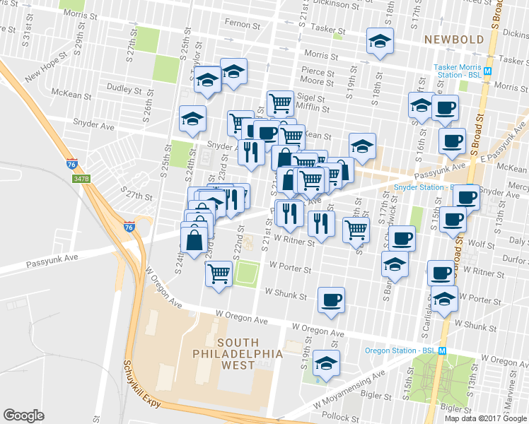 map of restaurants, bars, coffee shops, grocery stores, and more near 2121 Passyunk Avenue in Philadelphia