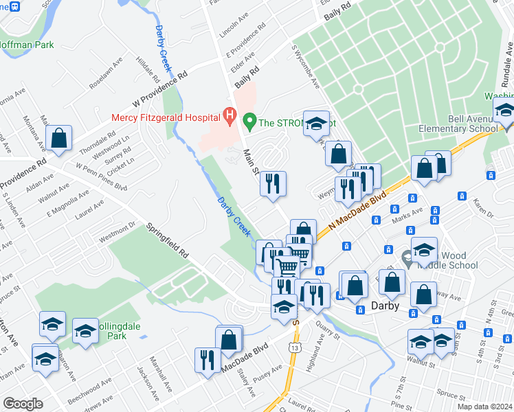 map of restaurants, bars, coffee shops, grocery stores, and more near 9 South 14th Street in Darby