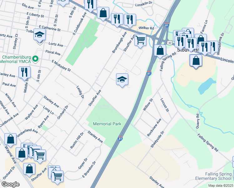map of restaurants, bars, coffee shops, grocery stores, and more near 1151 East McKinley Street in Chambersburg