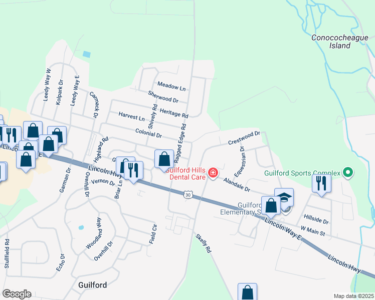 map of restaurants, bars, coffee shops, grocery stores, and more near 786 Alandale Drive in Guilford