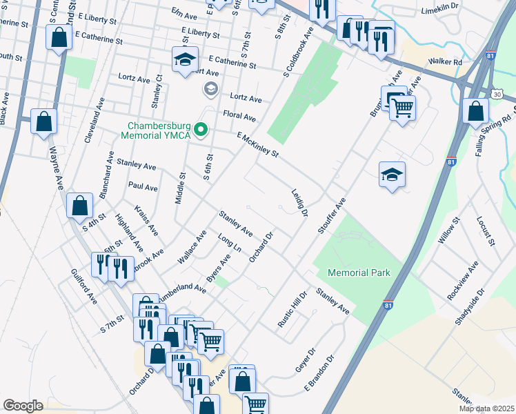 map of restaurants, bars, coffee shops, grocery stores, and more near 799 Rosewood Court in Chambersburg