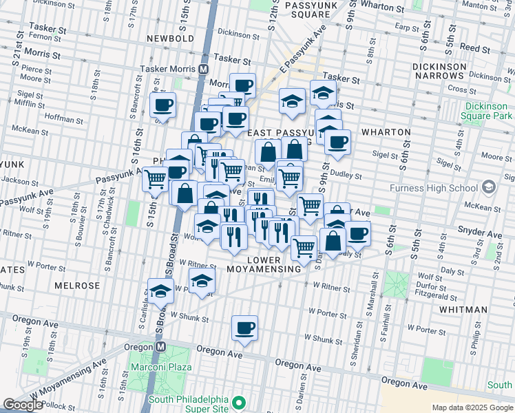 map of restaurants, bars, coffee shops, grocery stores, and more near 1120 Cantrell Street in Philadelphia