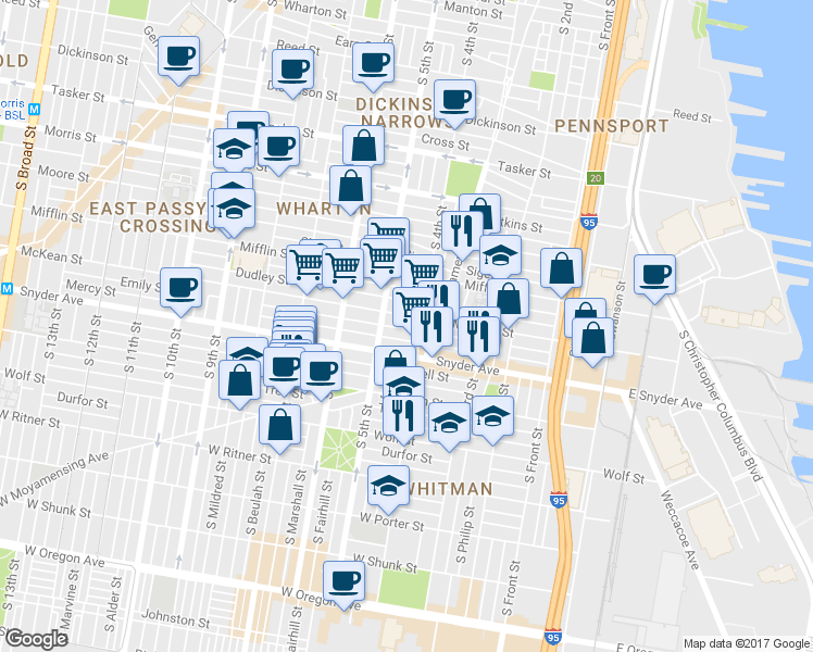map of restaurants, bars, coffee shops, grocery stores, and more near 419 Emily Street in Philadelphia