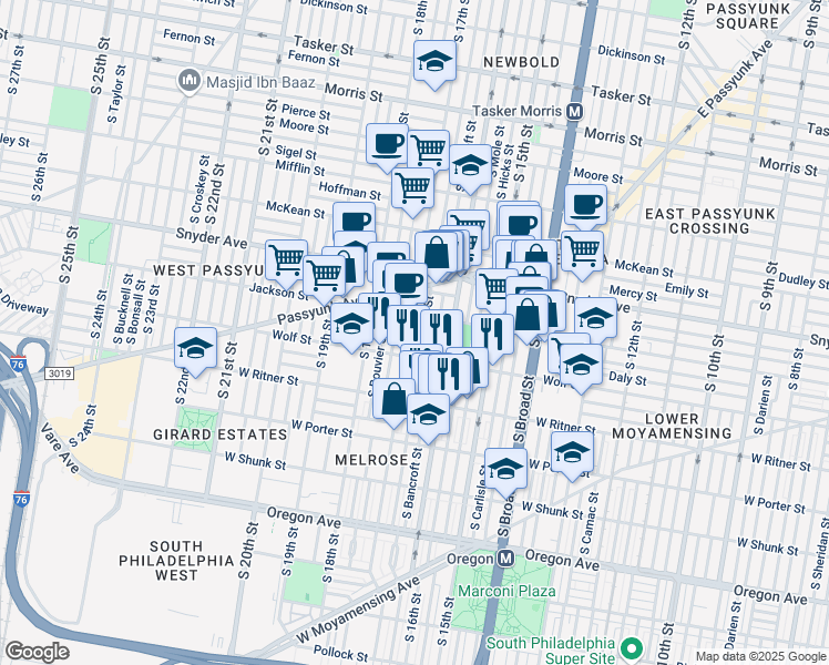 map of restaurants, bars, coffee shops, grocery stores, and more near 2219 South 17th Street in Philadelphia