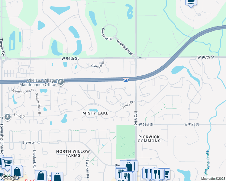 map of restaurants, bars, coffee shops, grocery stores, and more near 9320 Racquetball Drive in Indianapolis