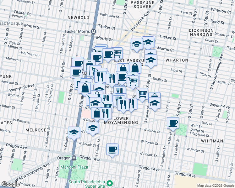 map of restaurants, bars, coffee shops, grocery stores, and more near 1121 Jackson Street in Philadelphia