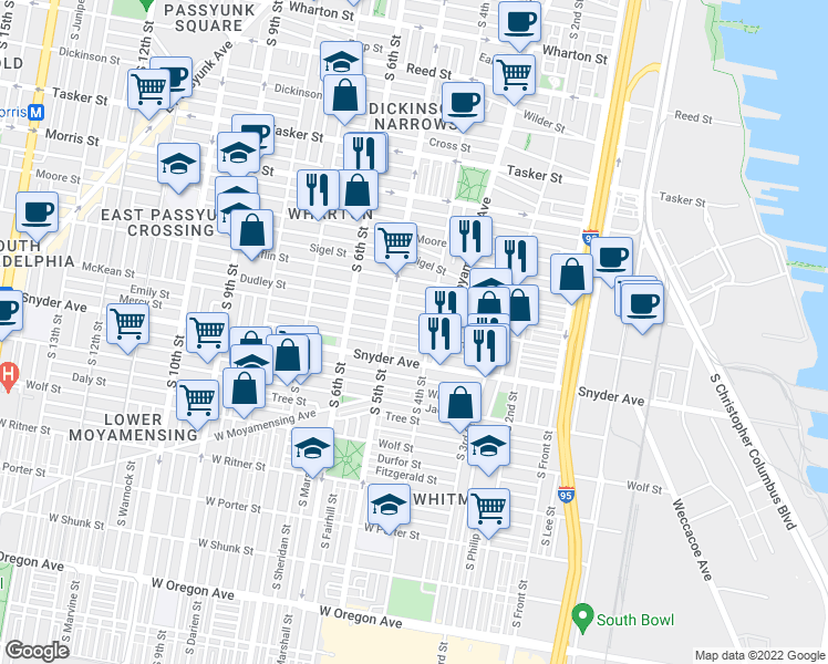 map of restaurants, bars, coffee shops, grocery stores, and more near 419 Emily Street in Philadelphia
