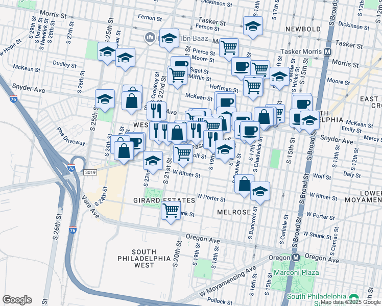 map of restaurants, bars, coffee shops, grocery stores, and more near 2236 South 20th Street in Philadelphia