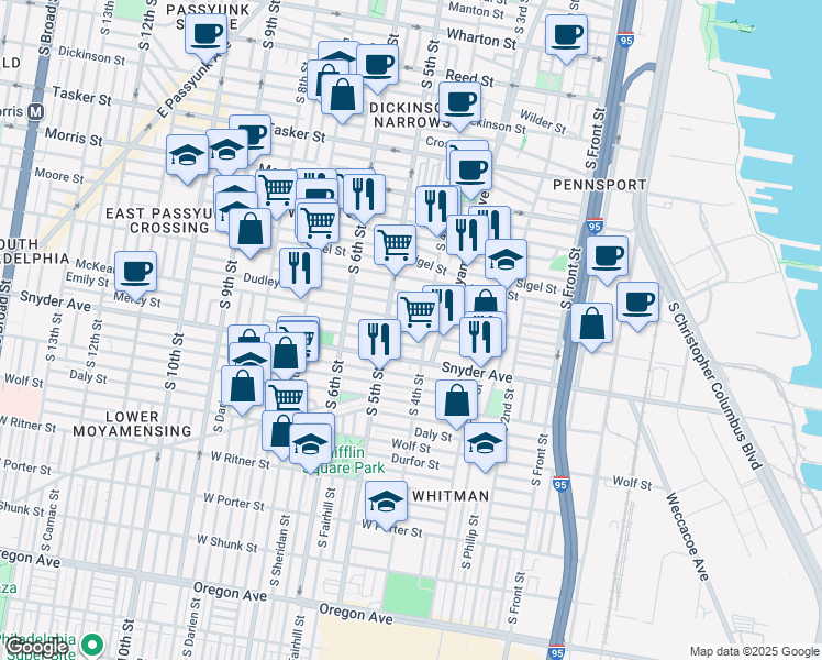 map of restaurants, bars, coffee shops, grocery stores, and more near 1927 South 5th Street in Philadelphia