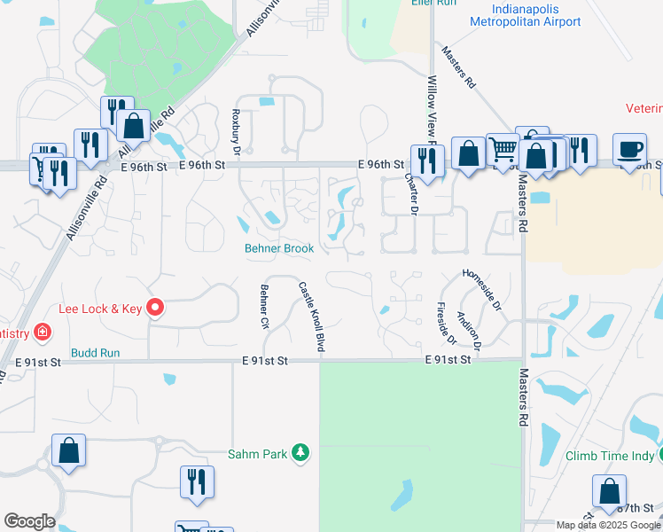 map of restaurants, bars, coffee shops, grocery stores, and more near 6488 Watham Court in Indianapolis