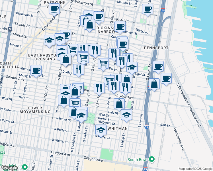 map of restaurants, bars, coffee shops, grocery stores, and more near 425 Emily Street in Philadelphia