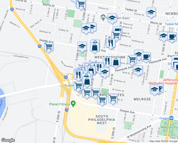 map of restaurants, bars, coffee shops, grocery stores, and more near 2329 South Bucknell Street in Philadelphia