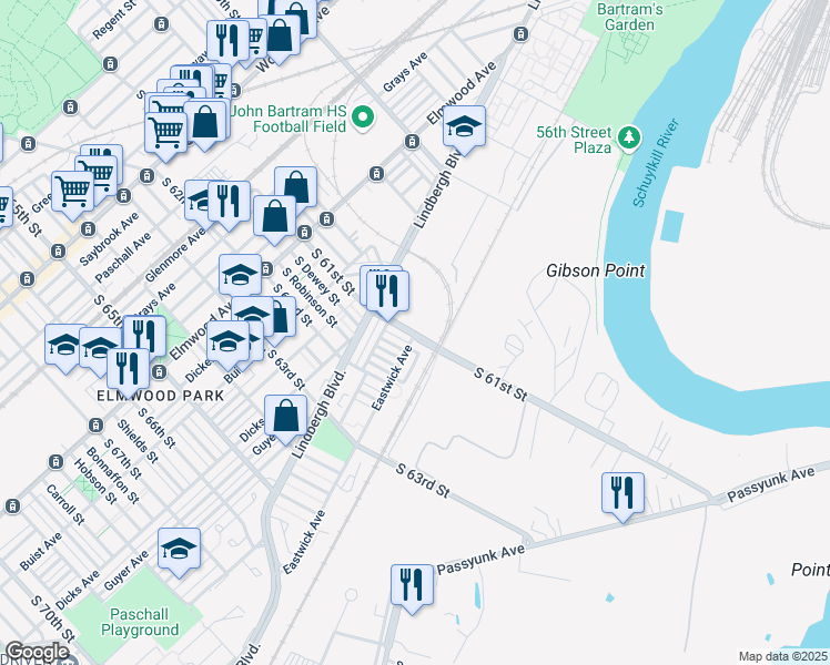 map of restaurants, bars, coffee shops, grocery stores, and more near S 61st St & Eastwick Ave in Philadelphia