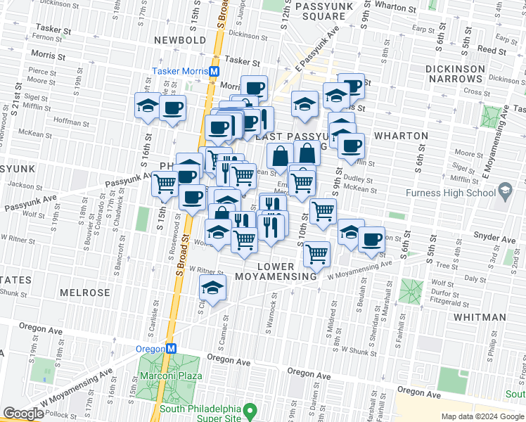 map of restaurants, bars, coffee shops, grocery stores, and more near 1134 Cantrell Street in Philadelphia