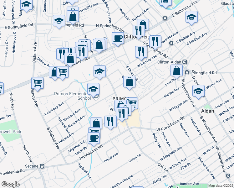 map of restaurants, bars, coffee shops, grocery stores, and more near 311 South Oak Avenue in Clifton Heights