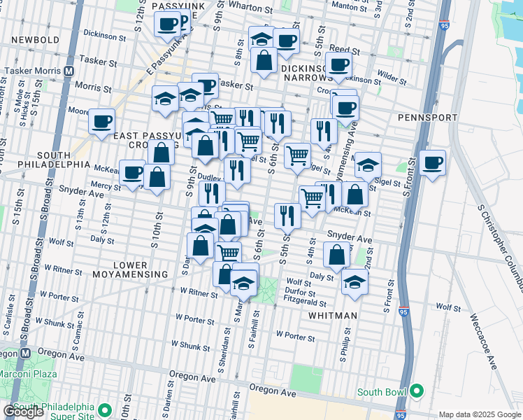 map of restaurants, bars, coffee shops, grocery stores, and more near 603 Mercy Street in Philadelphia