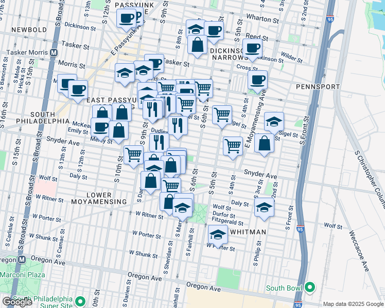 map of restaurants, bars, coffee shops, grocery stores, and more near 613 Mercy Street in Philadelphia