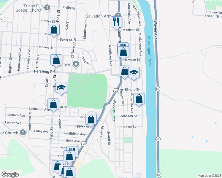 map of restaurants, bars, coffee shops, grocery stores, and more near 240 Weller Avenue in Zanesville
