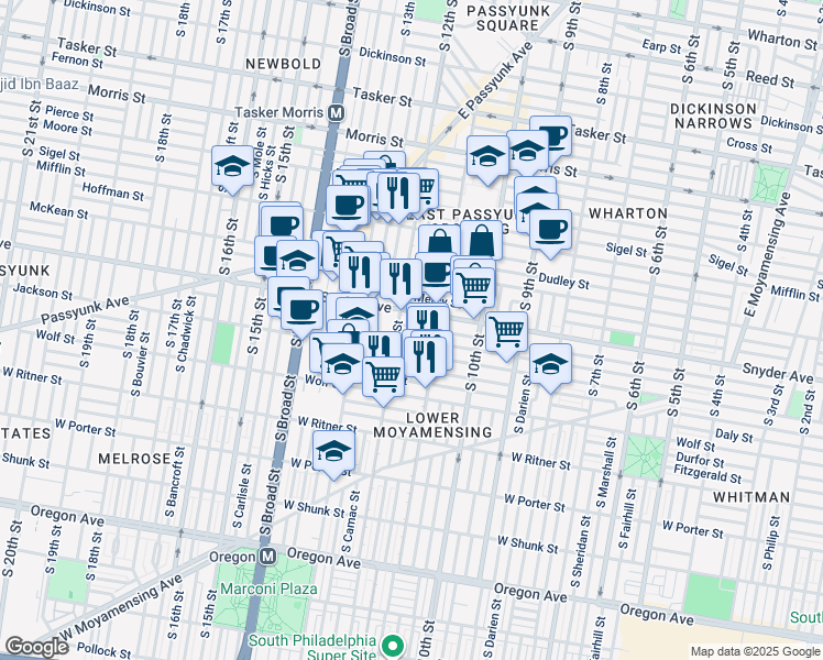 map of restaurants, bars, coffee shops, grocery stores, and more near 1136 Cantrell Street in Philadelphia