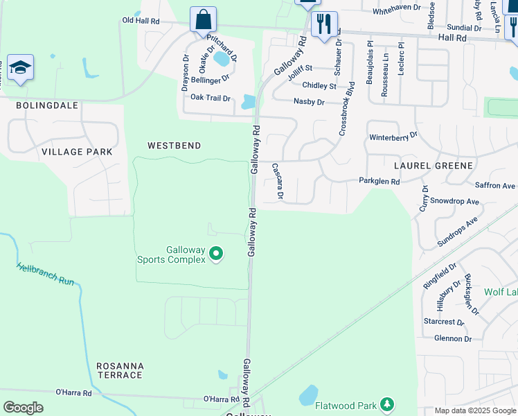 map of restaurants, bars, coffee shops, grocery stores, and more near 6292 Encina Court in Galloway