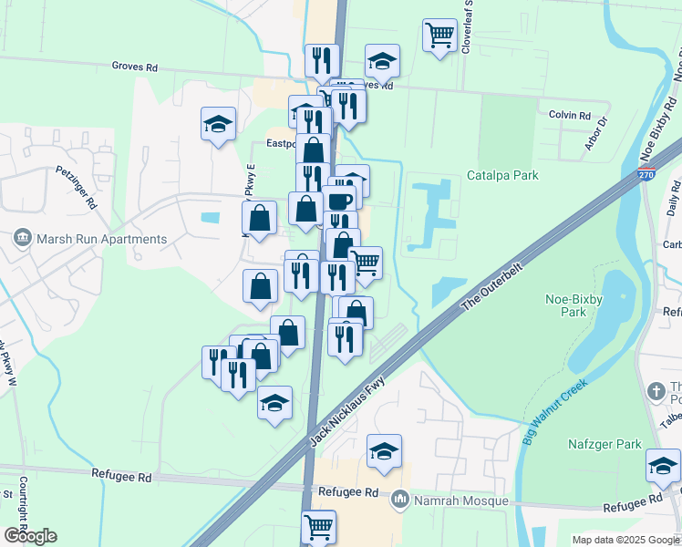 map of restaurants, bars, coffee shops, grocery stores, and more near 2690 South Hamilton Road in Columbus